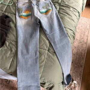 DRIFTWOOD Blue Skinny Jeans with palm tree Embroidery